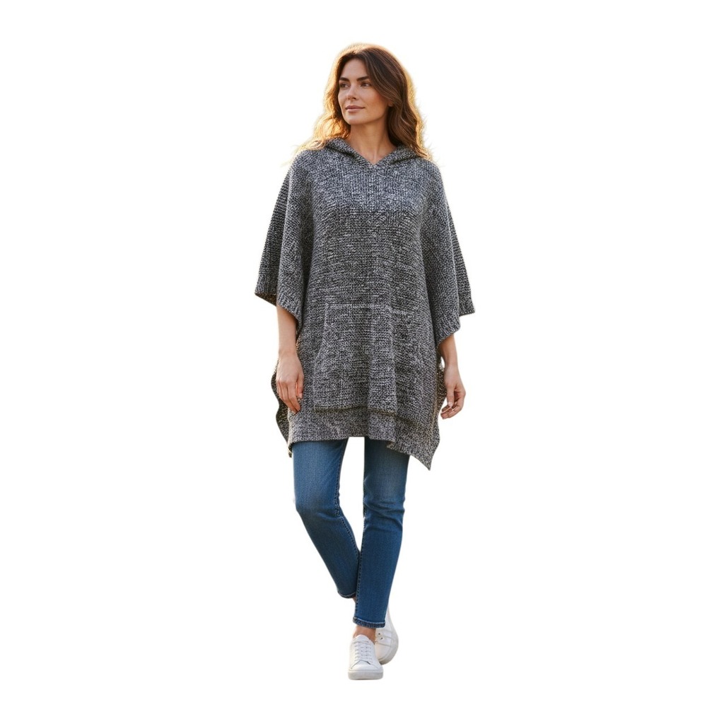 Treasure & Bond Hooded Poncho Sweater Women's OS Charcoal/Gray Marl Button Sides